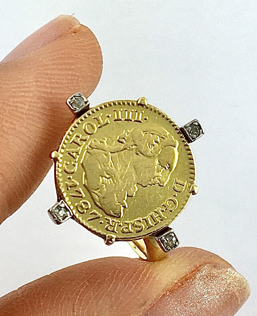 Bague Pièce Charles 3 d’Espagne (1787) 8 Escudos, Diamants Taille Ancienne /Or Jaune & Platine