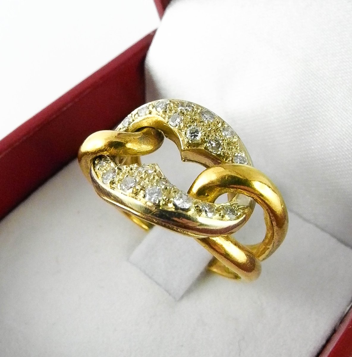 Bague Maillon Gourmette Pavé de Diamants sur Or Blanc et Arceaux Or Jaune-photo-2