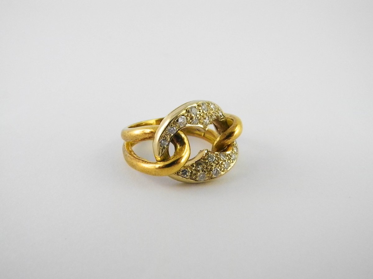 Bague Maillon Gourmette Pavé de Diamants sur Or Blanc et Arceaux Or Jaune-photo-2