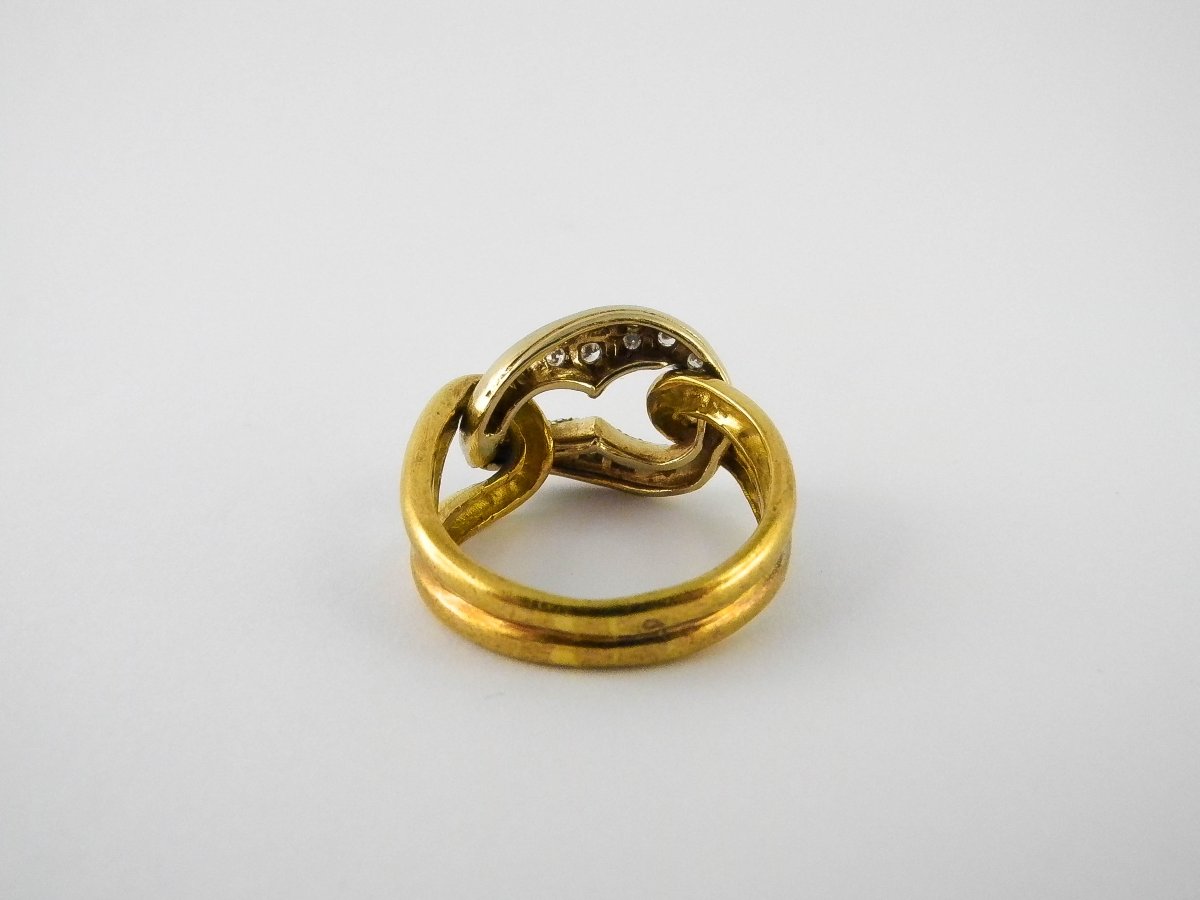 Bague Maillon Gourmette Pavé de Diamants sur Or Blanc et Arceaux Or Jaune-photo-4