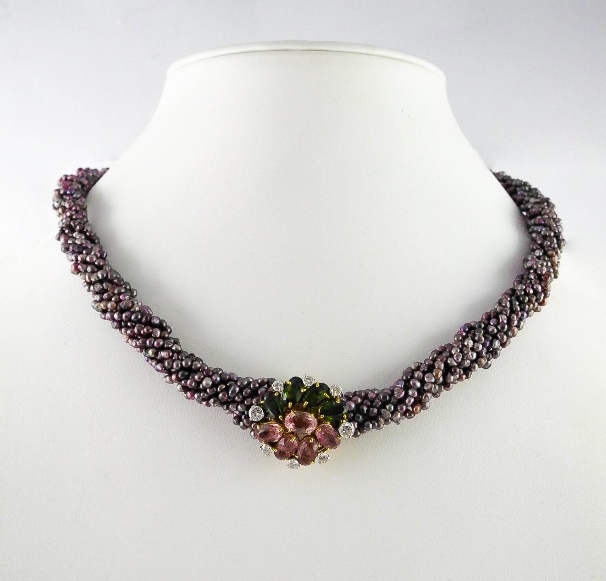 Collier Fermoir Cartier Tourmalines /Or Jaune, Choker Multirang De Perles Keshis de Tahiti-photo-2