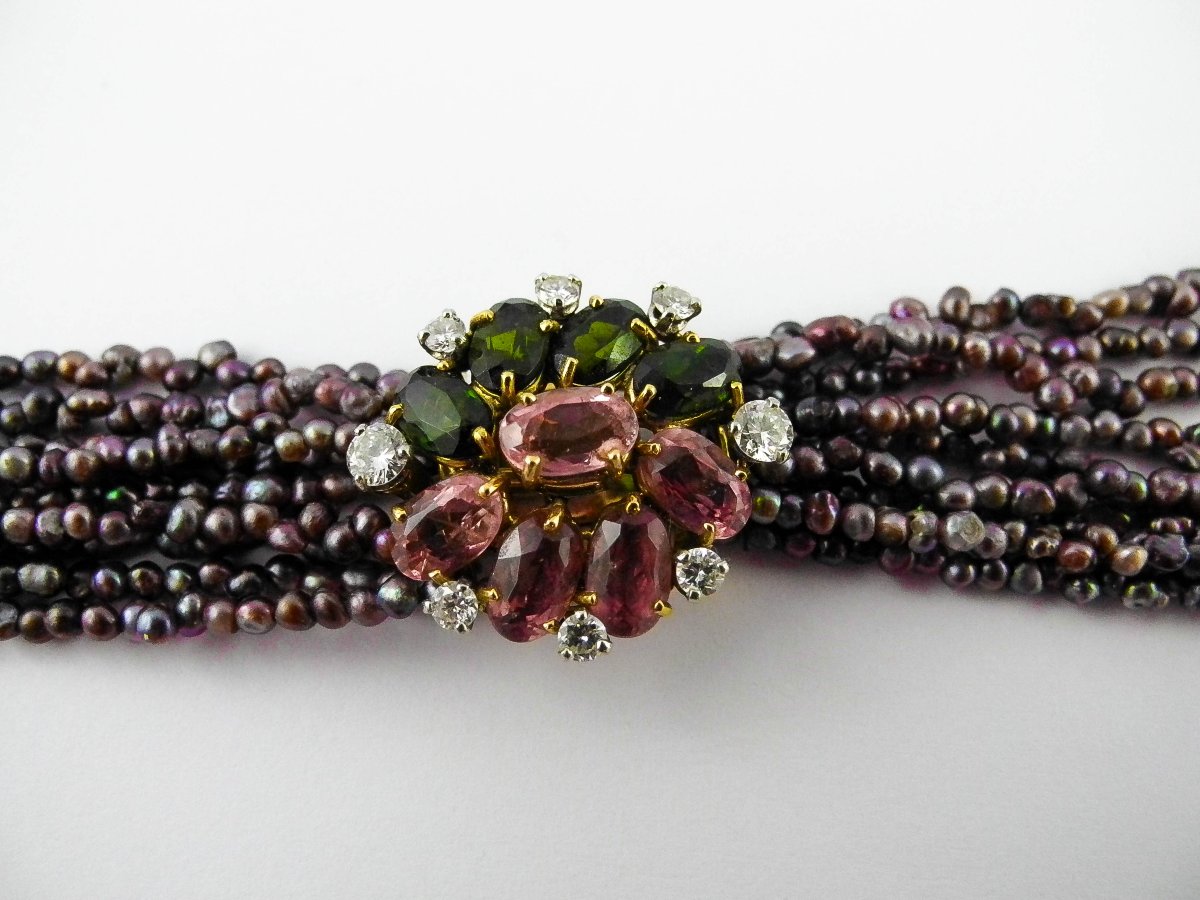 Collier Fermoir Cartier Tourmalines /Or Jaune, Choker Multirang De Perles Keshis de Tahiti-photo-1