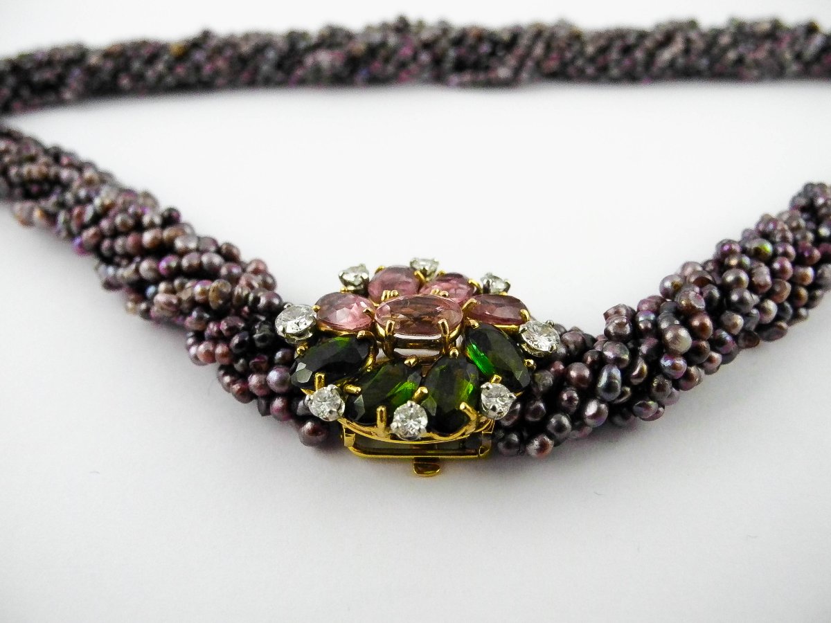 Collier Fermoir Cartier Tourmalines /Or Jaune, Choker Multirang De Perles Keshis de Tahiti-photo-2