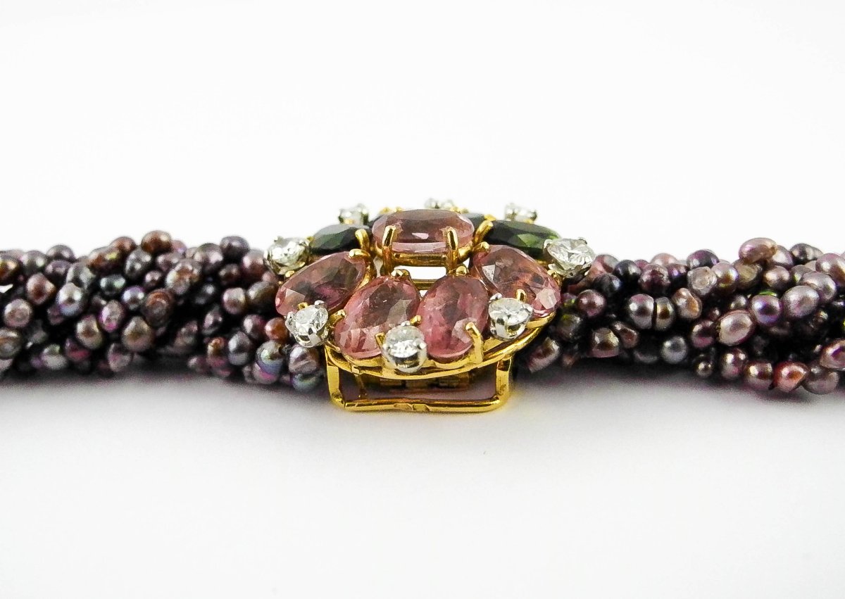 Collier Fermoir Cartier Tourmalines /Or Jaune, Choker Multirang De Perles Keshis de Tahiti-photo-3