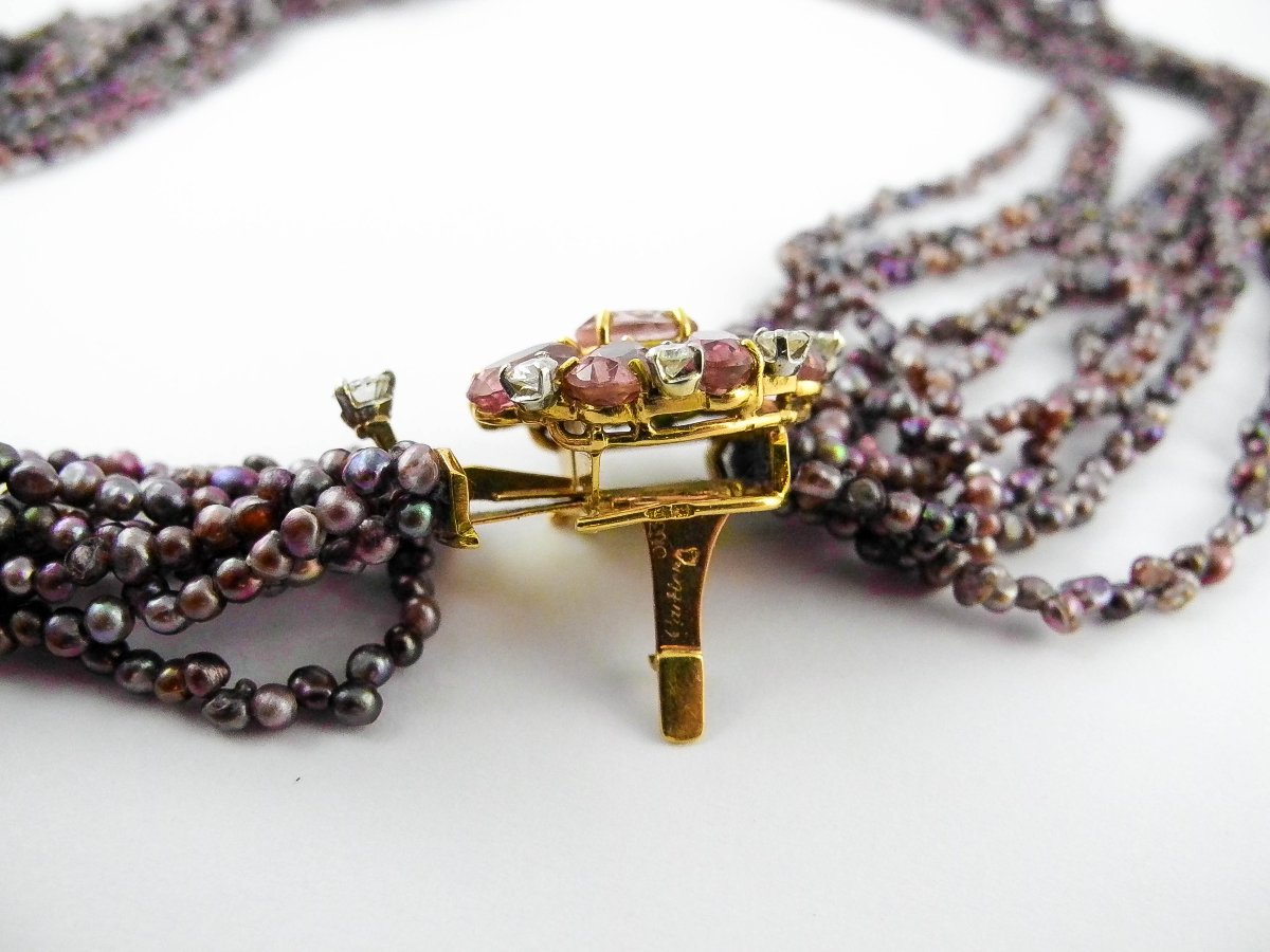 Collier Fermoir Cartier Tourmalines /Or Jaune, Choker Multirang De Perles Keshis de Tahiti-photo-7