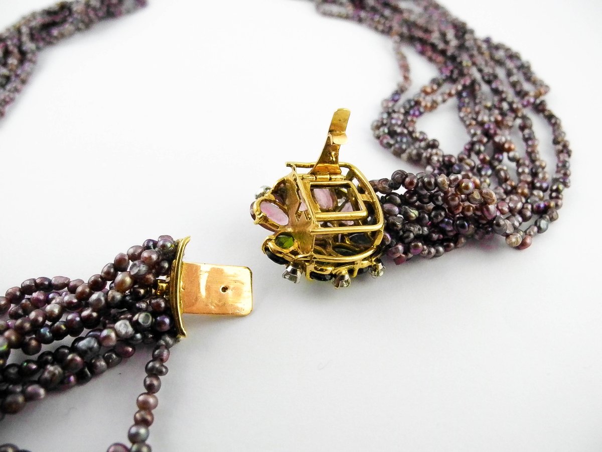 Collier Fermoir Cartier Tourmalines /Or Jaune, Choker Multirang De Perles Keshis de Tahiti-photo-8