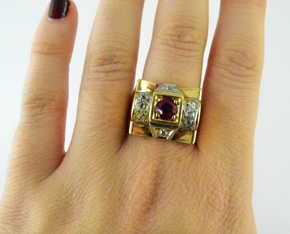 Art Deco Tank Ring With Fine Ruby And Old Cut Diamonds In Rose Gold And Platinum-photo-7