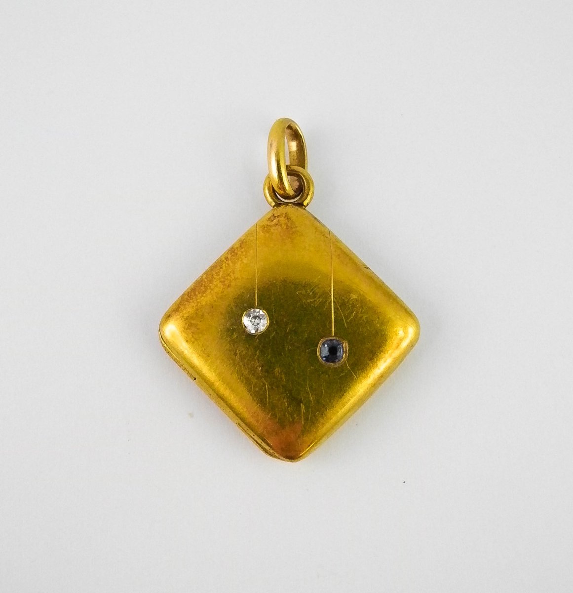 Pendentif Médaillon Ouvrant Losange Diamant & Saphir / Or Jaune Bijou Sentimental Belle Epoque-photo-3