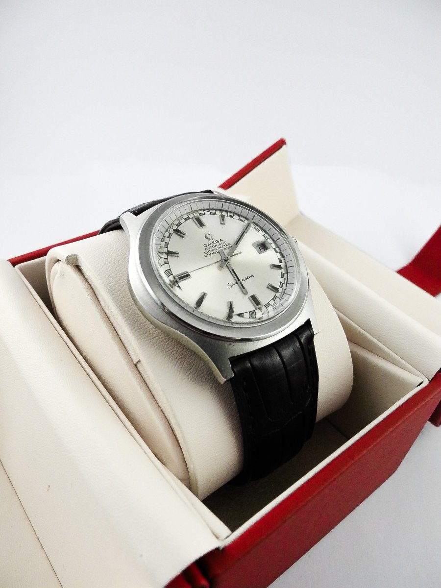 Omega Seamaster Automatic 1975 Chronometer Watch, Steel On Leather, Turtle Shape, Box -photo-3