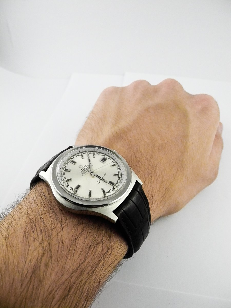 Omega Seamaster Automatic 1975 Chronometer Watch, Steel On Leather, Turtle Shape, Box -photo-8