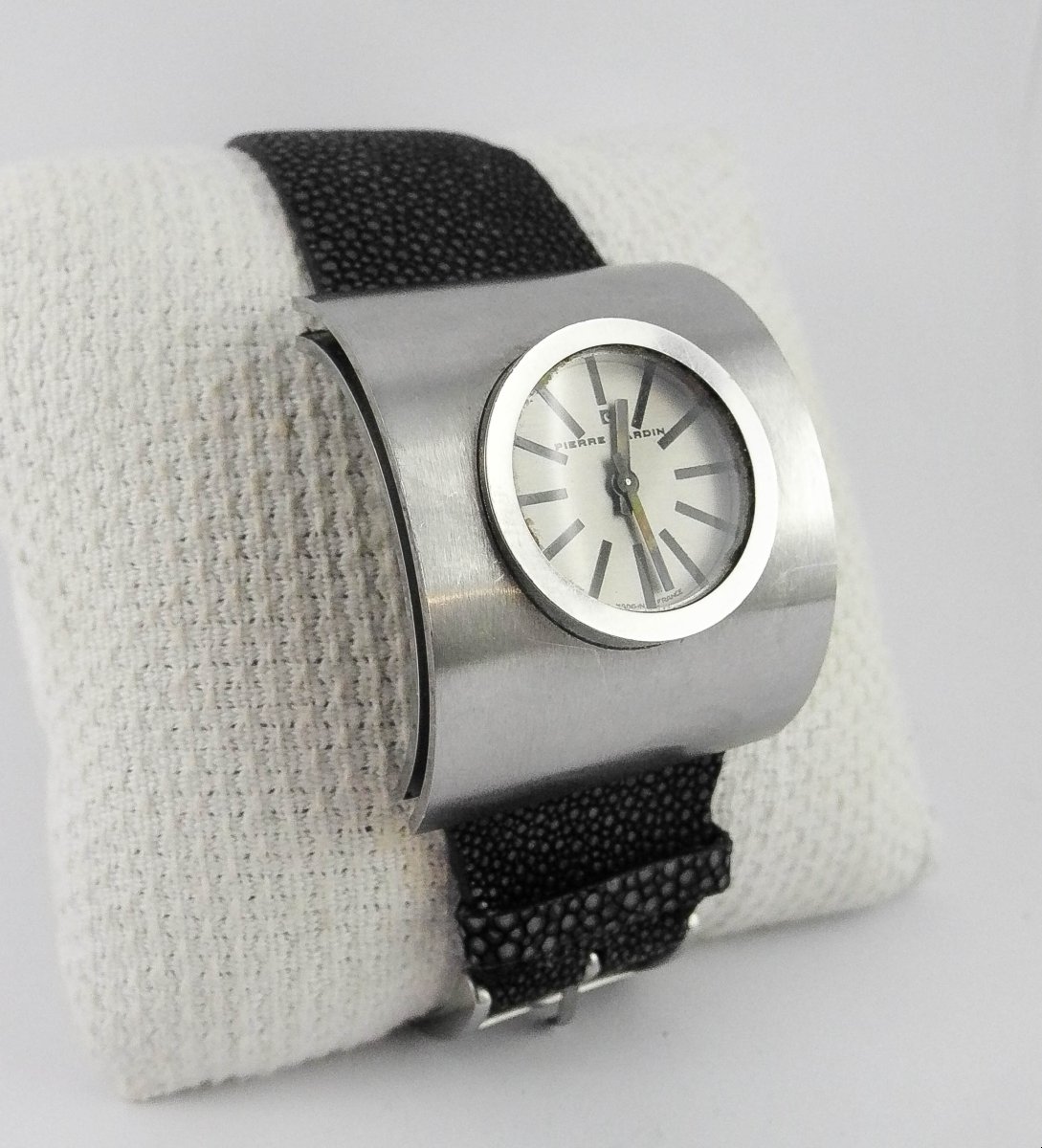 Montre Pierre Cardin Mouvement Jaeger Mécanique Space Age Années 70 Acier sur Cuir Galuchat-photo-2