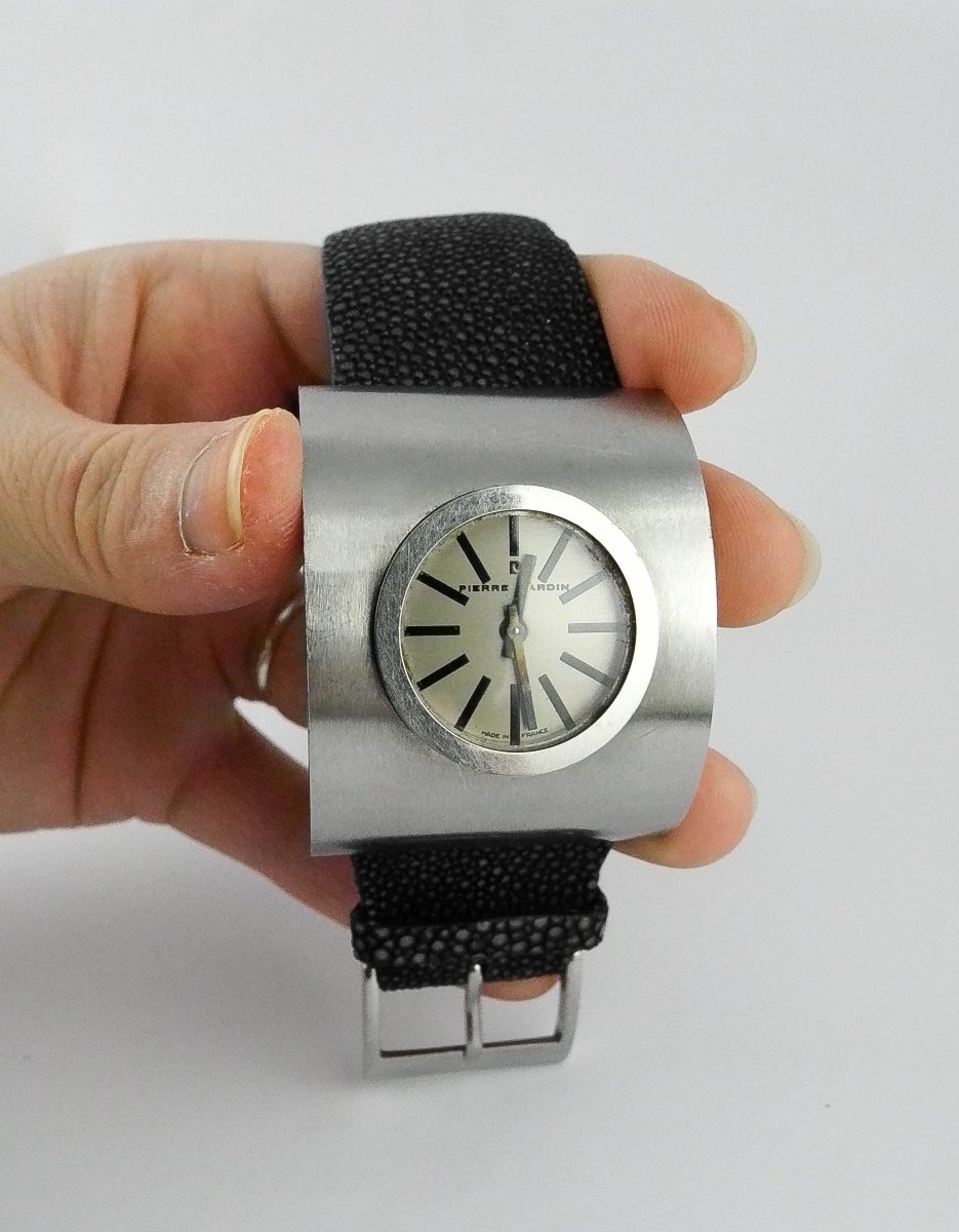 Montre Pierre Cardin Mouvement Jaeger Mécanique Space Age Années 70 Acier sur Cuir Galuchat-photo-3