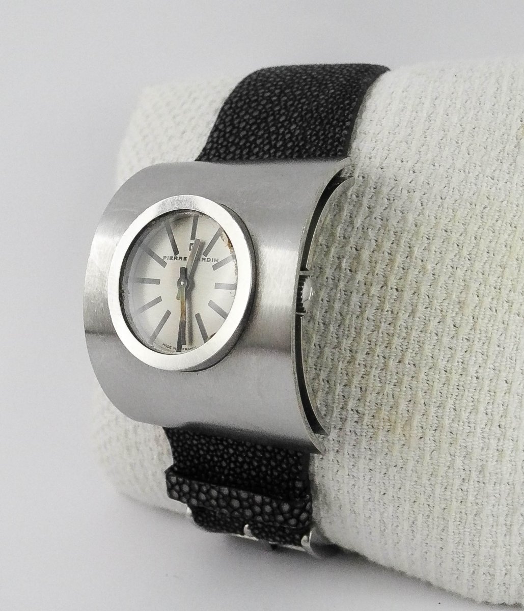 Montre Pierre Cardin Mouvement Jaeger Mécanique Space Age Années 70 Acier sur Cuir Galuchat-photo-4
