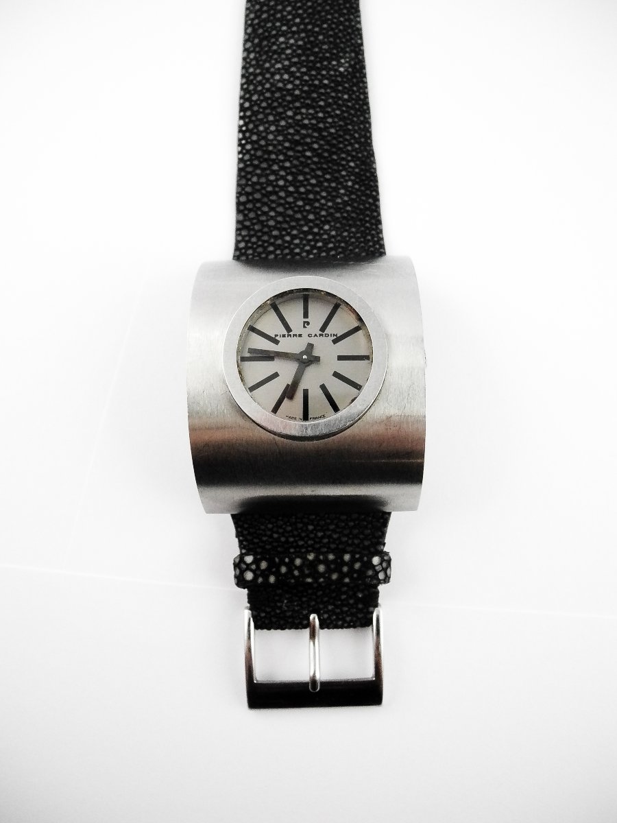 Montre Pierre Cardin Mouvement Jaeger Mécanique Space Age Années 70 Acier sur Cuir Galuchat-photo-1