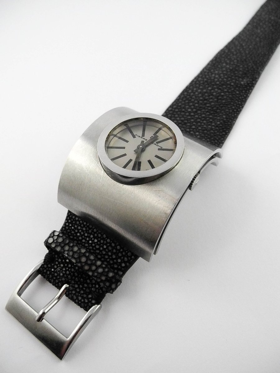 Montre Pierre Cardin Mouvement Jaeger Mécanique Space Age Années 70 Acier sur Cuir Galuchat-photo-3