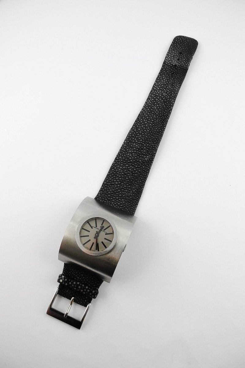 Montre Pierre Cardin Mouvement Jaeger Mécanique Space Age Années 70 Acier sur Cuir Galuchat-photo-4