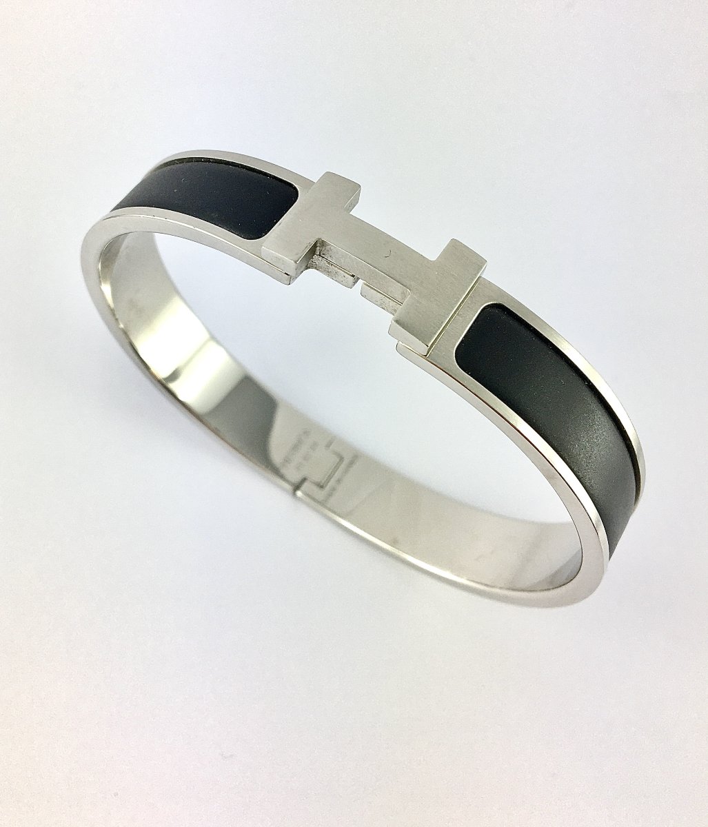 Bracelet Jonc Hermès Clic HH Email Noir Mat sur Acier, Boîte et Pochette-photo-2