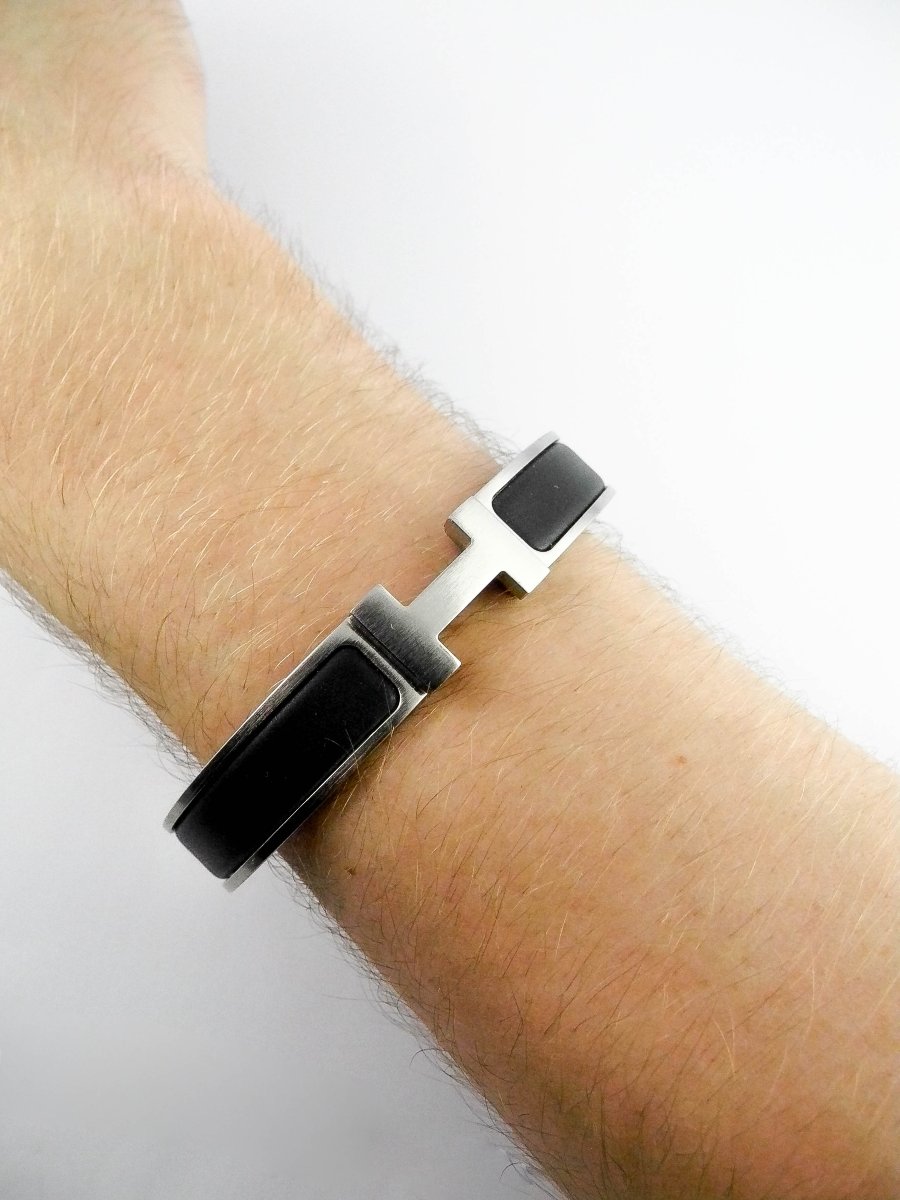 Bracelet Jonc Hermès Clic HH Email Noir Mat sur Acier, Boîte et Pochette-photo-8