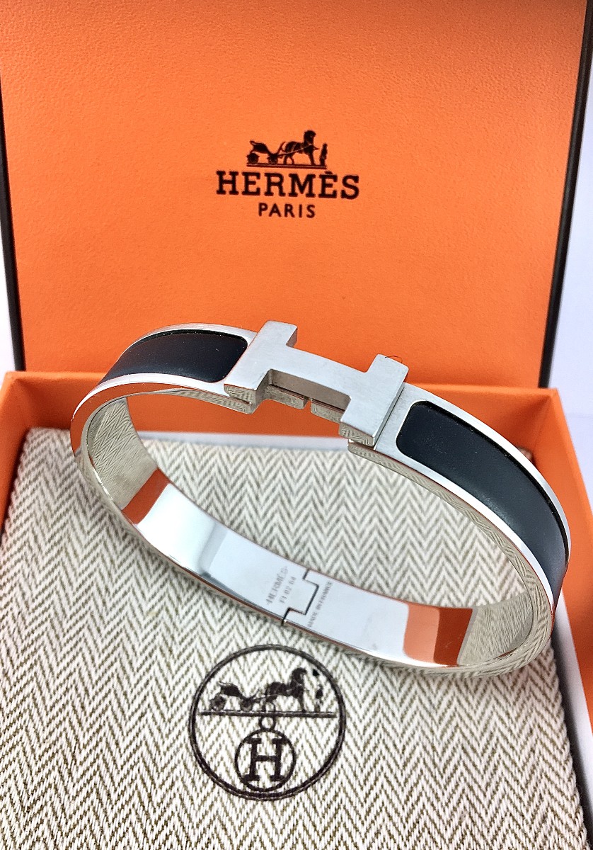 Bracelet Jonc Hermès Clic HH Email Noir Mat sur Acier, Boîte et Pochette