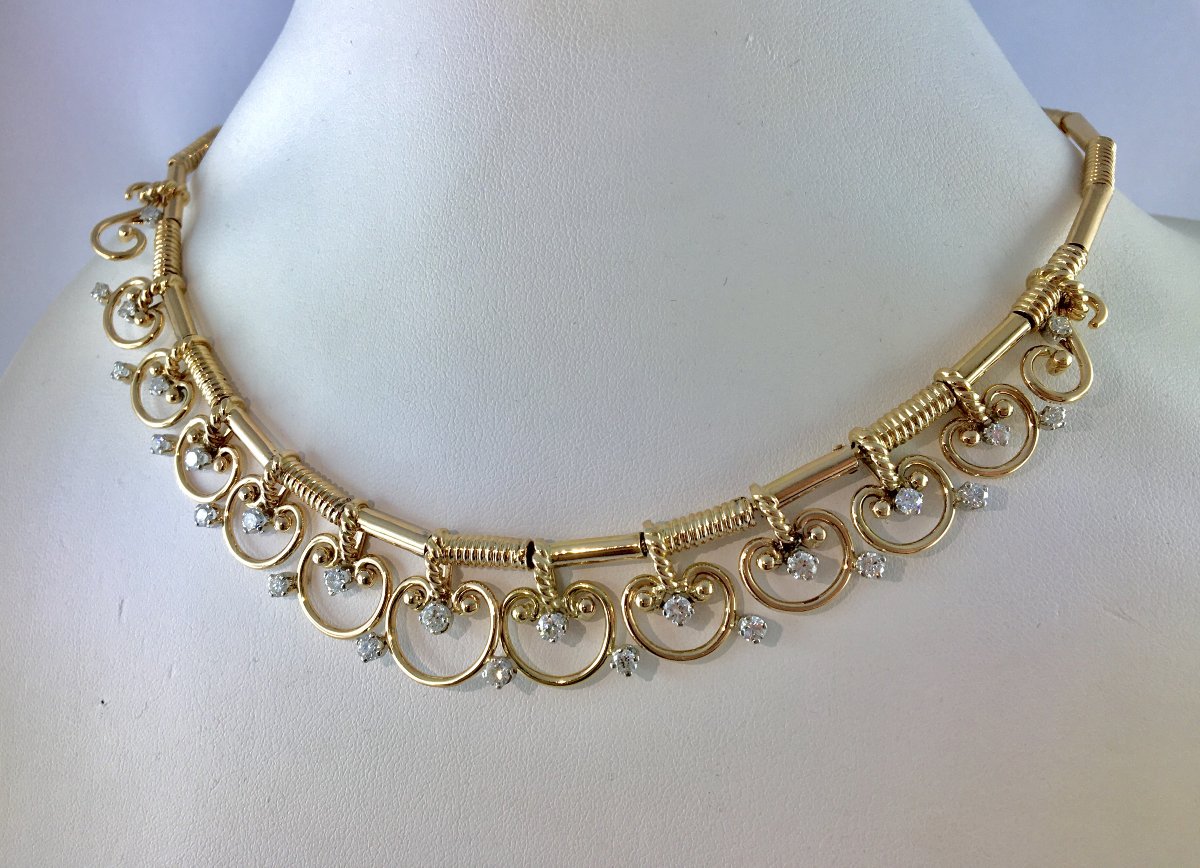 Collier Motifs Arabesques Diamants sur Ors Rose et Blanc-photo-3