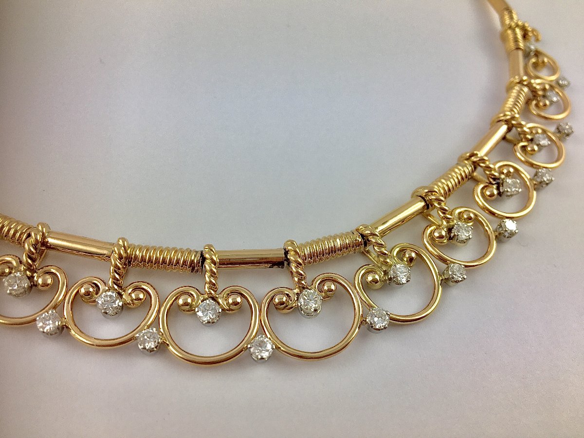 Collier Motifs Arabesques Diamants sur Ors Rose et Blanc-photo-4