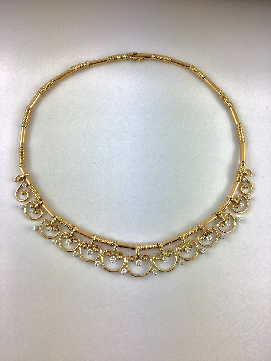 Collier Motifs Arabesques Diamants sur Ors Rose et Blanc-photo-2