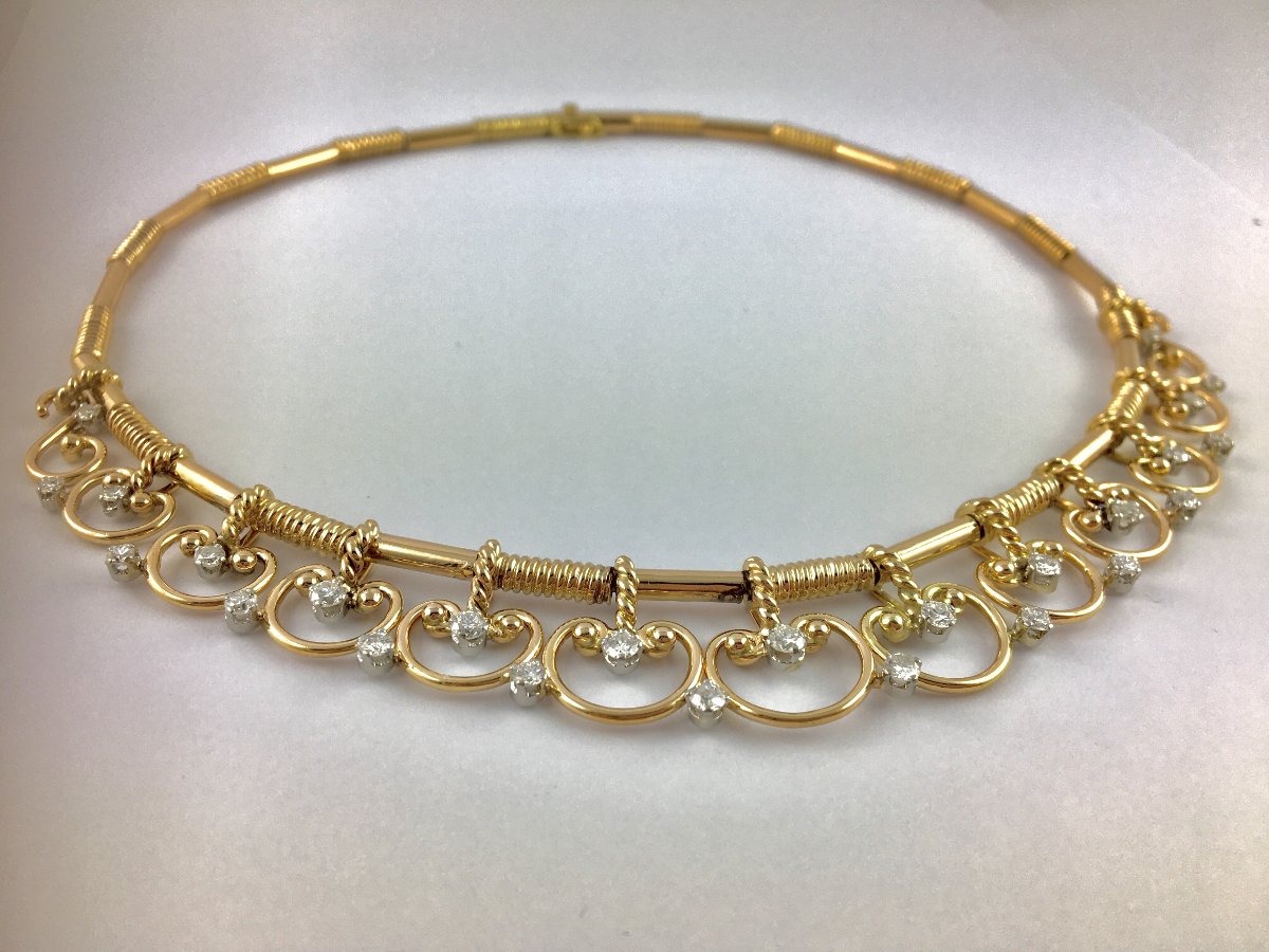 Collier Motifs Arabesques Diamants sur Ors Rose et Blanc-photo-3