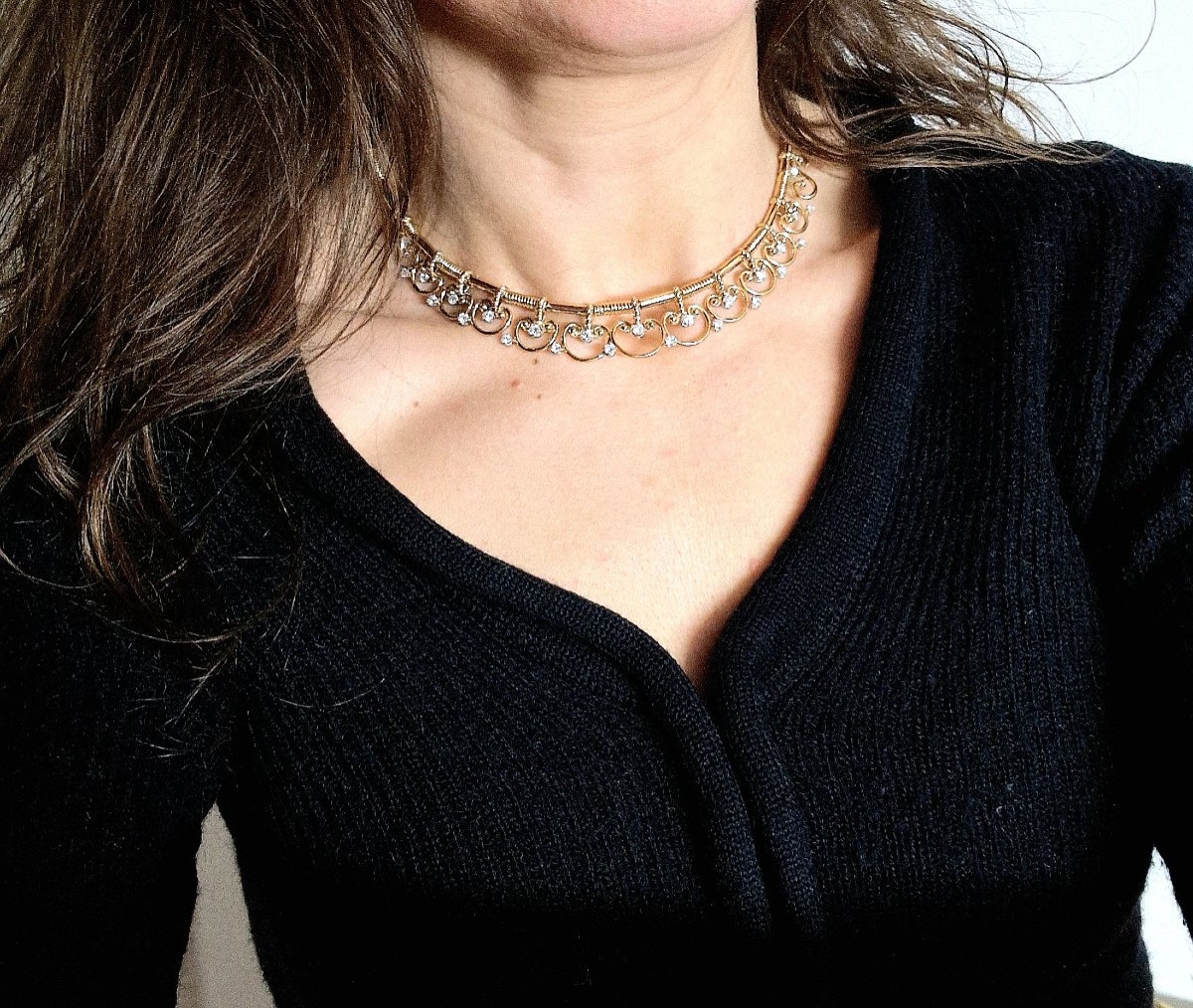 Collier Motifs Arabesques Diamants sur Ors Rose et Blanc-photo-7