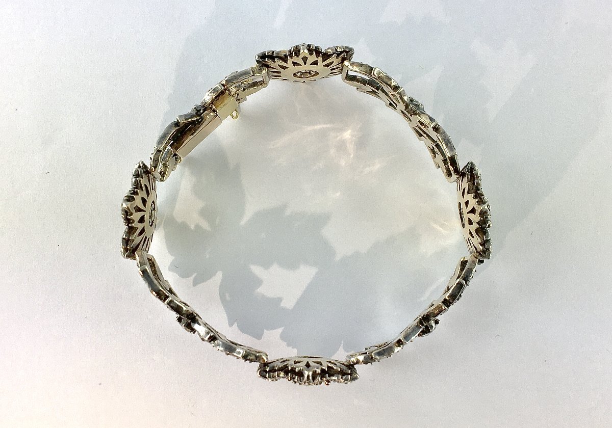 Bracelet Souple Belle Epoque Floral Diamants Taille Rose Sur Argent & Or Jaune-photo-4