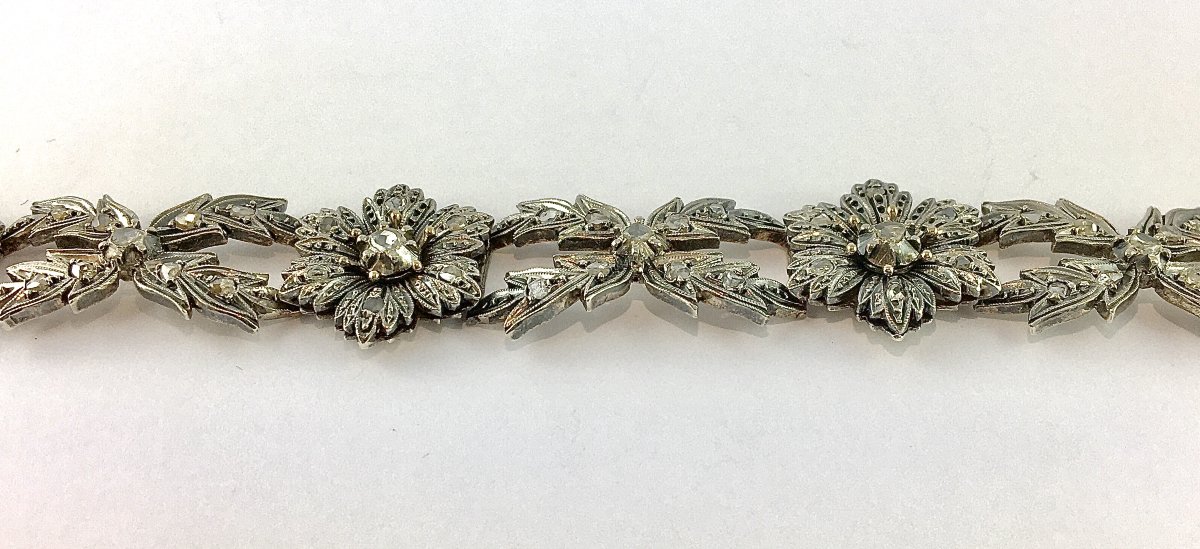 Bracelet Souple Belle Epoque Floral Diamants Taille Rose Sur Argent & Or Jaune-photo-3
