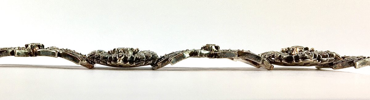 Bracelet Souple Belle Epoque Floral Diamants Taille Rose Sur Argent & Or Jaune-photo-4
