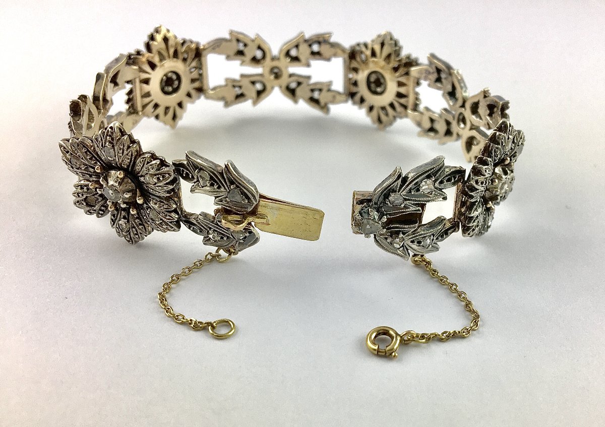 Bracelet Souple Belle Epoque Floral Diamants Taille Rose Sur Argent & Or Jaune-photo-5