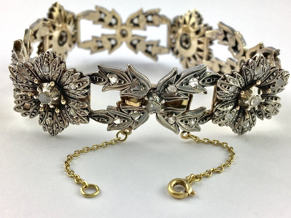 Bracelet Souple Belle Epoque Floral Diamants Taille Rose Sur Argent & Or Jaune-photo-6