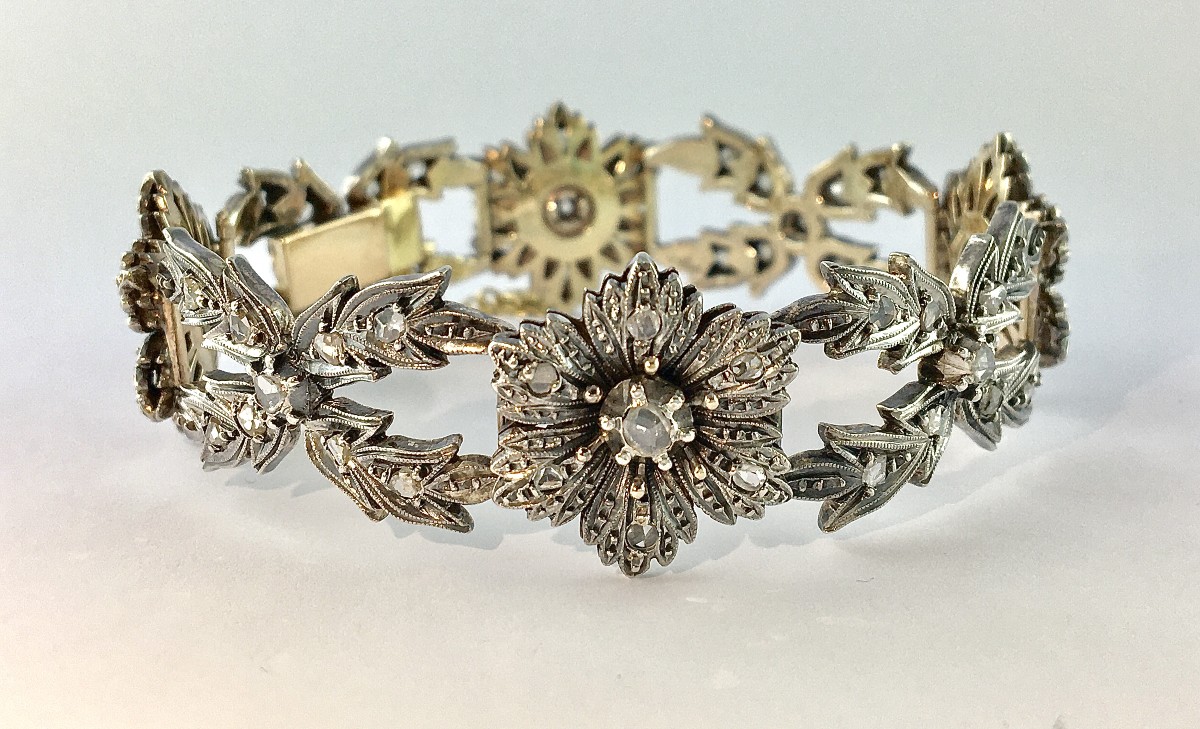 Bracelet Souple Belle Epoque Floral Diamants Taille Rose Sur Argent & Or Jaune