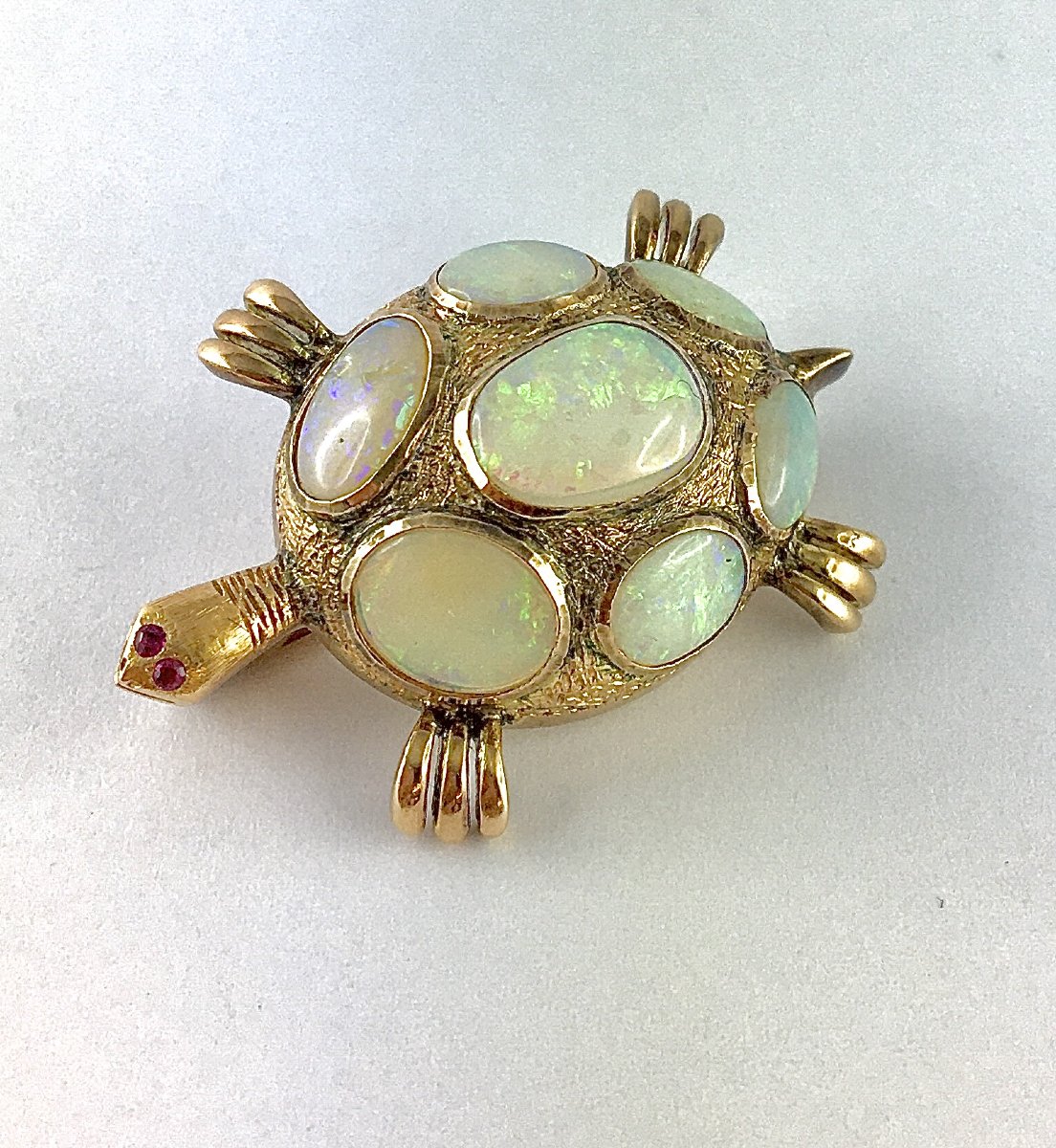 Broche Animalière Tortue Vintage Opales et Rubis Sur Or Rose-photo-2