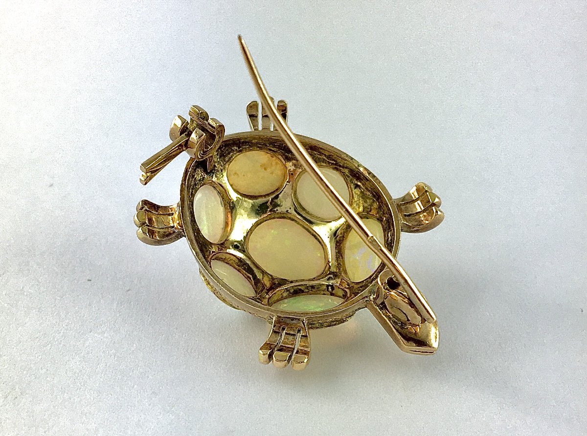 Broche Animalière Tortue Vintage Opales et Rubis Sur Or Rose-photo-6
