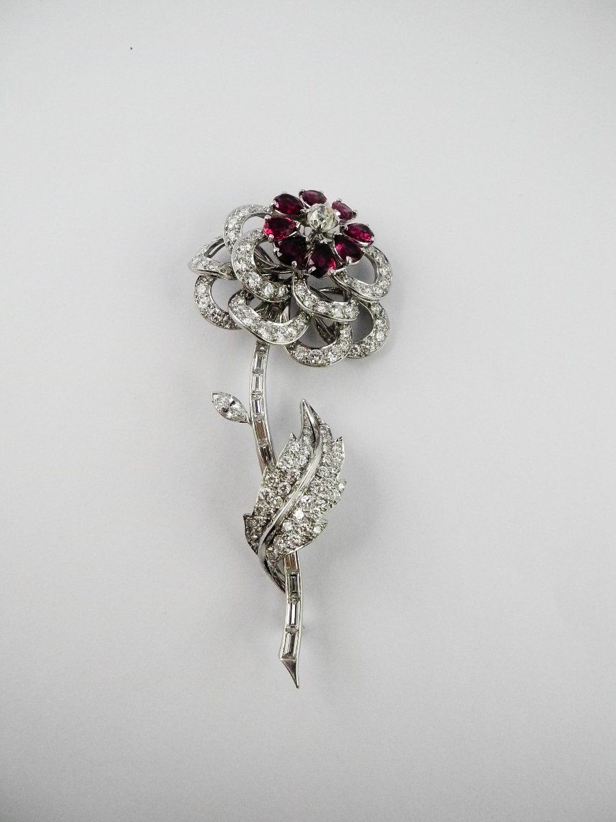 Broche/ Pendentif Fleur Rubis et Diamants sur Platine -photo-2