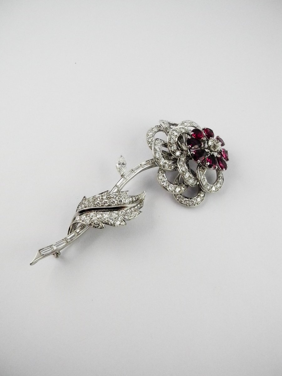 Broche/ Pendentif Fleur Rubis et Diamants sur Platine -photo-3