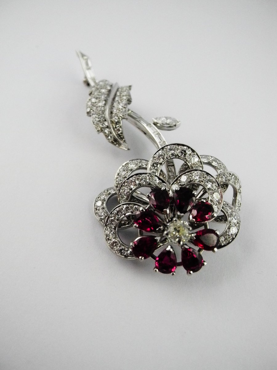 Broche/ Pendentif Fleur Rubis et Diamants sur Platine -photo-4