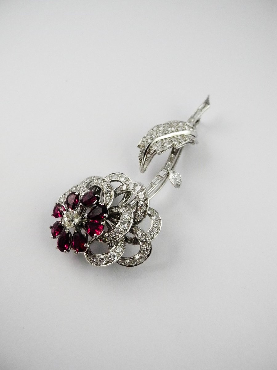 Broche/ Pendentif Fleur Rubis et Diamants sur Platine -photo-1