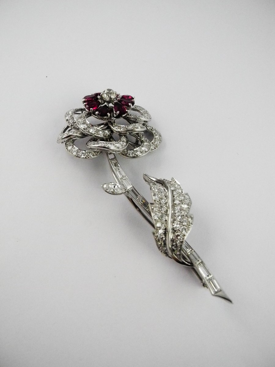 Broche/ Pendentif Fleur Rubis et Diamants sur Platine -photo-2