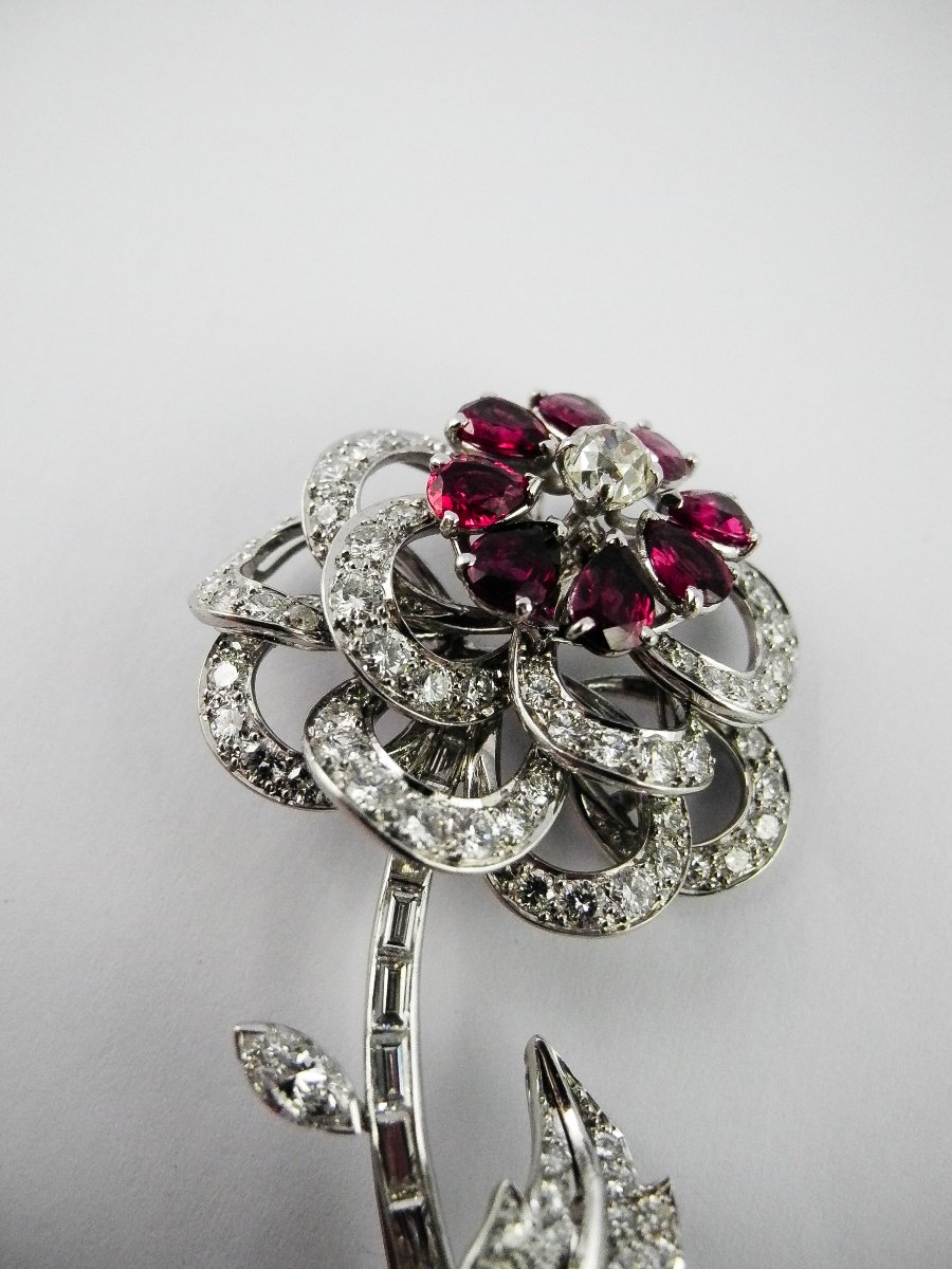 Broche/ Pendentif Fleur Rubis et Diamants sur Platine -photo-3