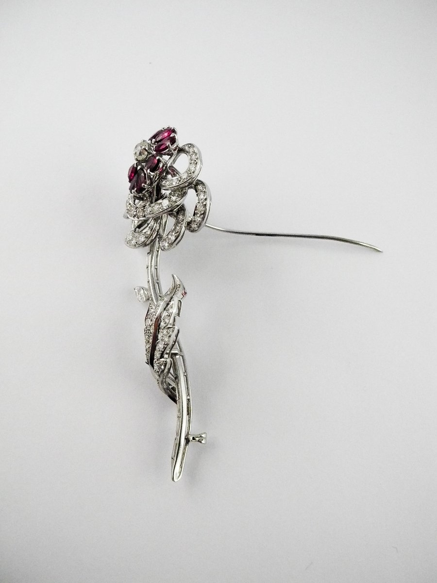 Broche/ Pendentif Fleur Rubis et Diamants sur Platine -photo-5