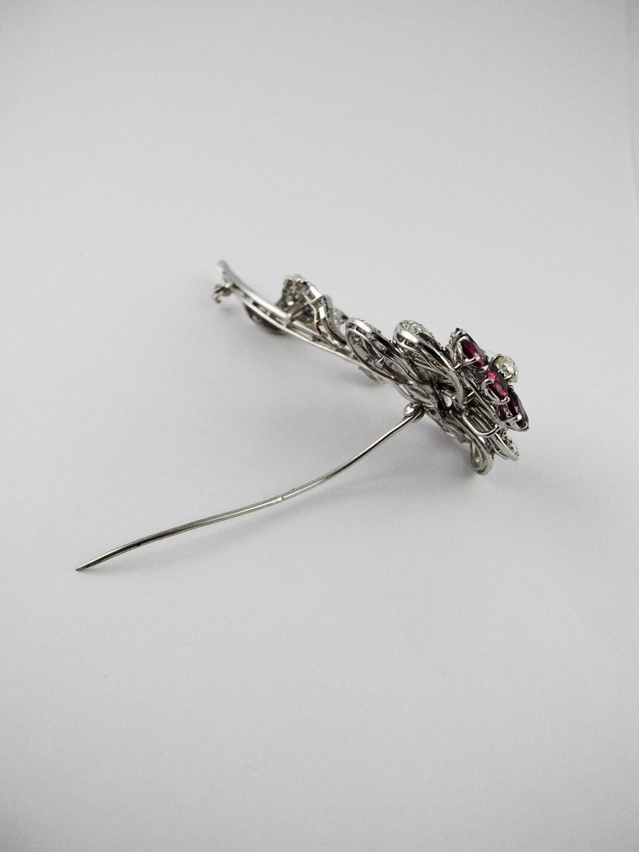 Broche/ Pendentif Fleur Rubis et Diamants sur Platine -photo-6