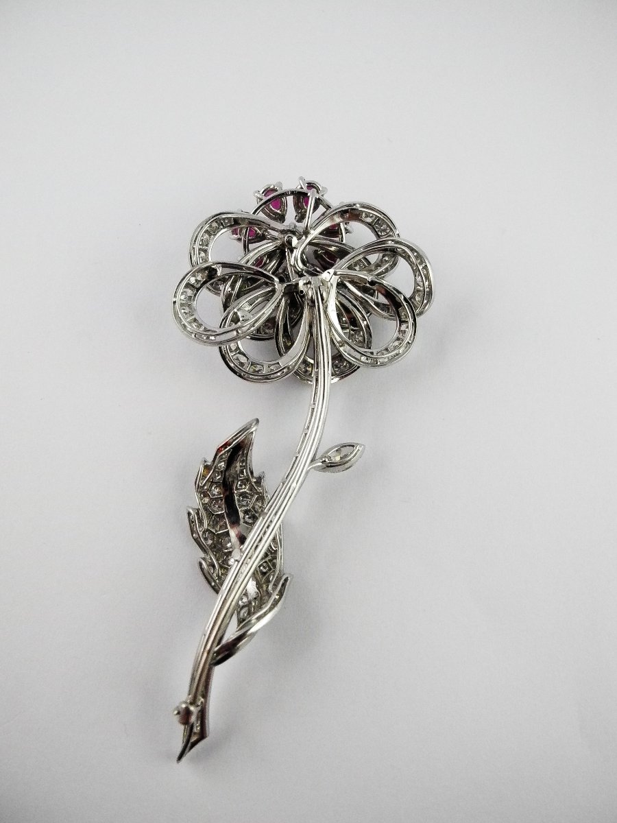 Broche/ Pendentif Fleur Rubis et Diamants sur Platine -photo-7