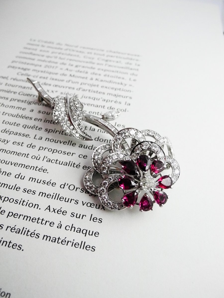 Broche/ Pendentif Fleur Rubis et Diamants sur Platine -photo-8