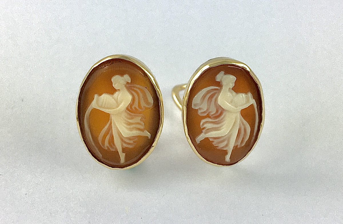 Boucles d'Oreilles Clips Camées Coquilles sur Or Jaune Style Antique-photo-2
