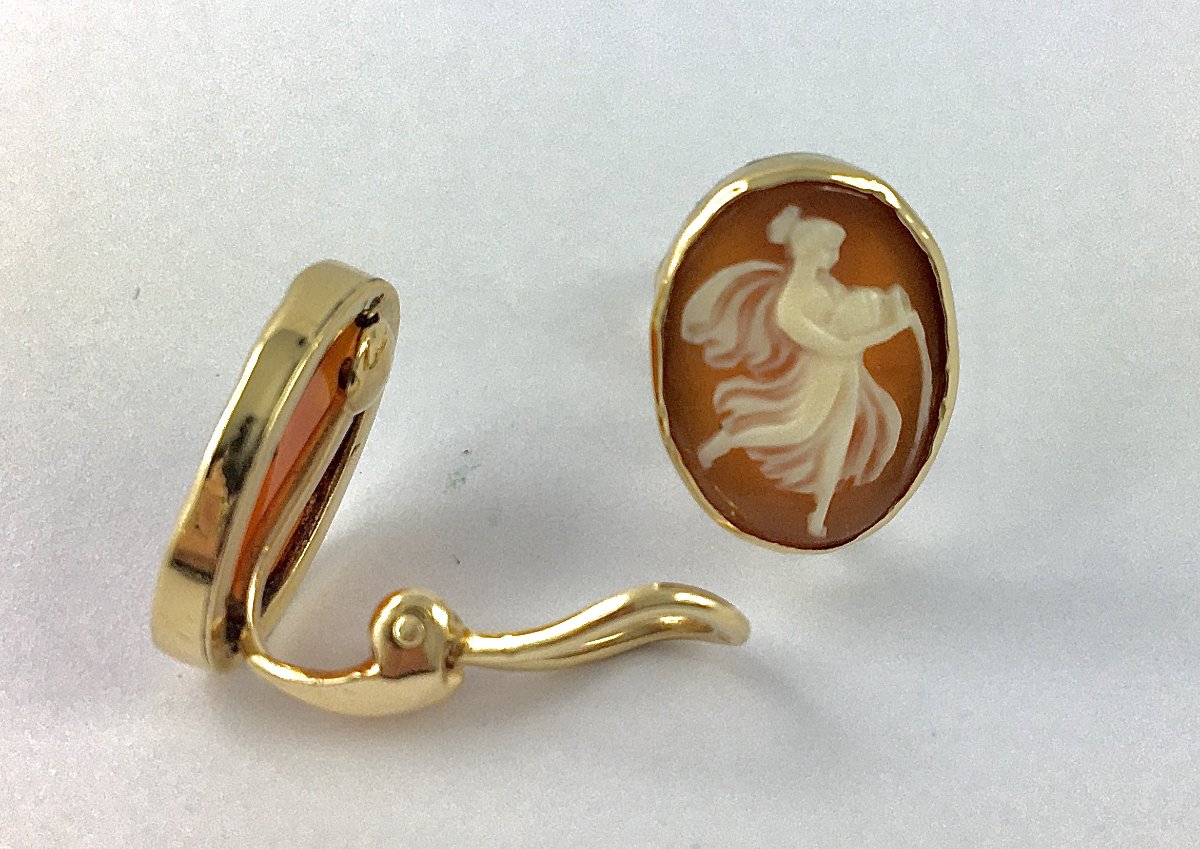 Boucles d'Oreilles Clips Camées Coquilles sur Or Jaune Style Antique-photo-3