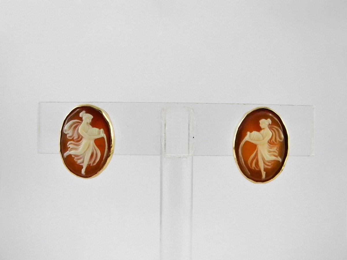 Boucles d'Oreilles Clips Camées Coquilles sur Or Jaune Style Antique-photo-4