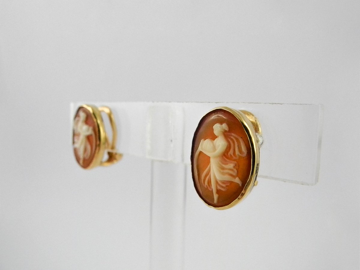 Boucles d'Oreilles Clips Camées Coquilles sur Or Jaune Style Antique-photo-5